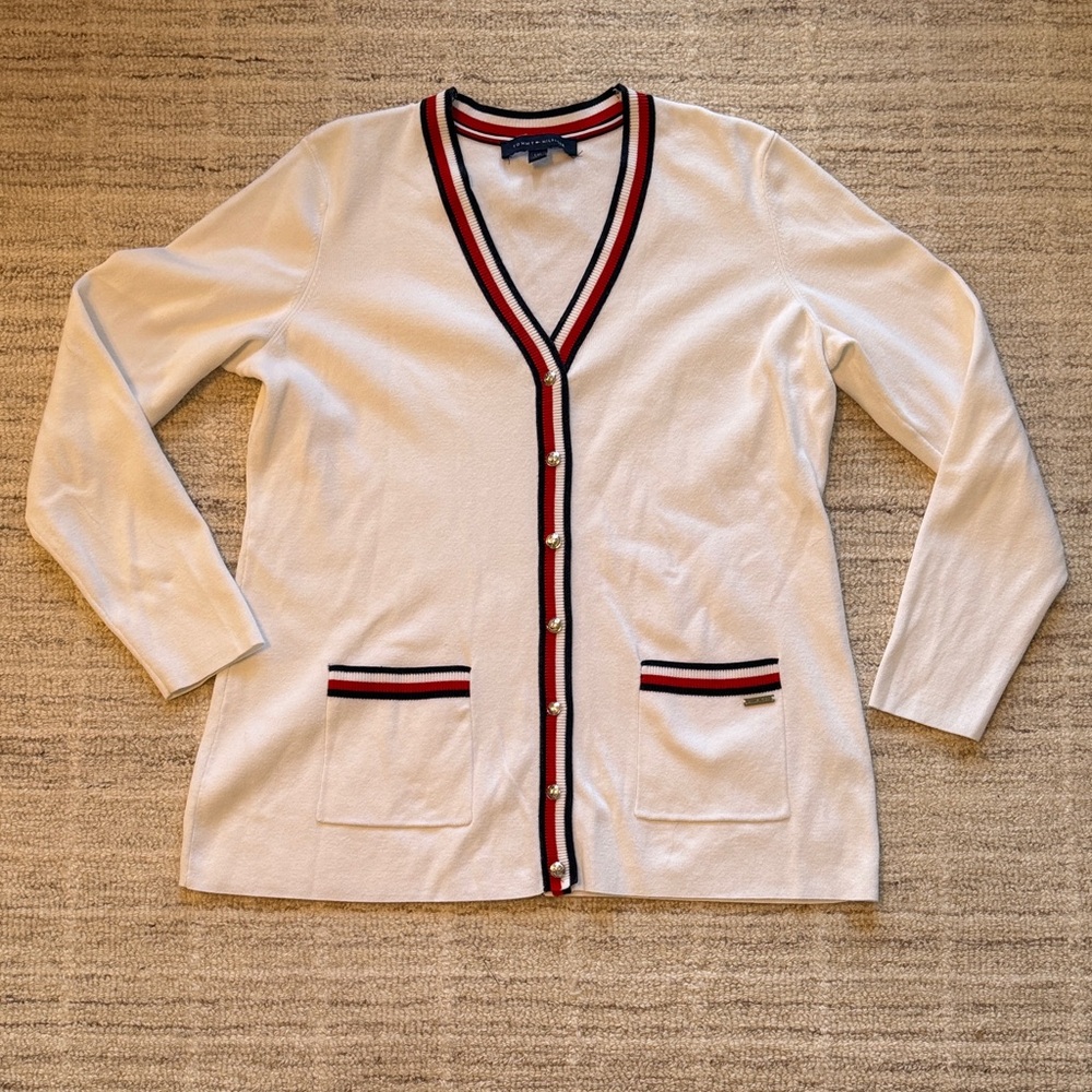 Tommy Hilfiger White Cardigan with Red and Navy Trim